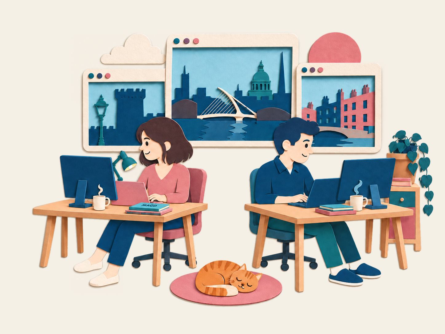 Illustration of two people working at desks with Dublin landmarks behind them